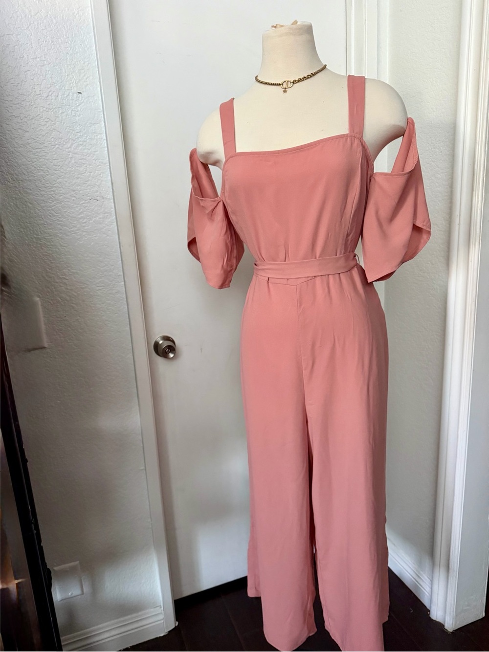Dusty Rose Cold-Shoulder Wide-Leg Romper